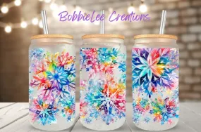 16oz Glass or Plastic Cup - Colorful Snowflakes SK