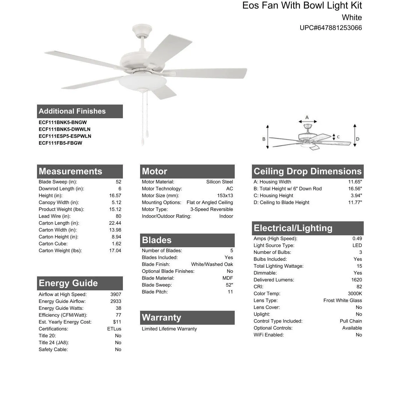 52" Eos 3 Light Bowl in White w/ White/Washed Oak Blades