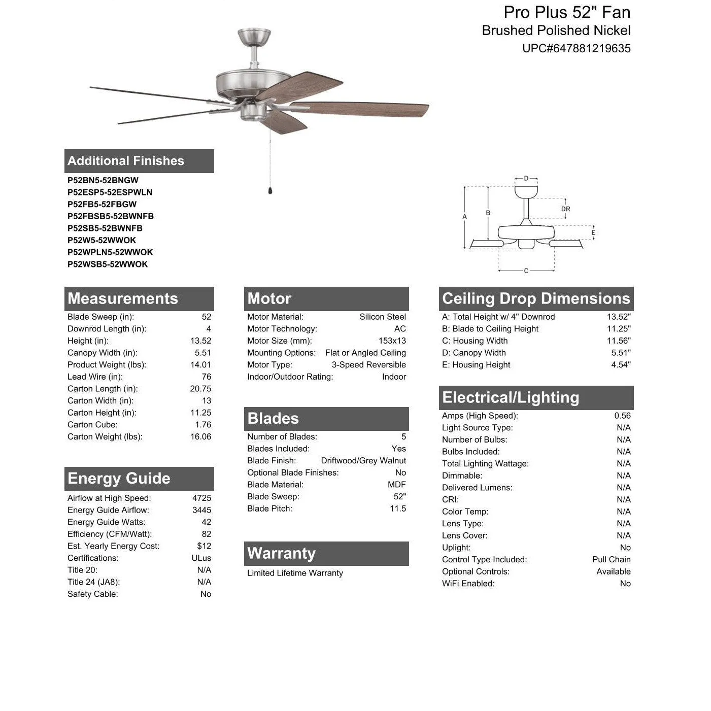 52" Pro Plus Fan in Brushed Polished Nickel w/ Driftwood/Grey Walnut Blades