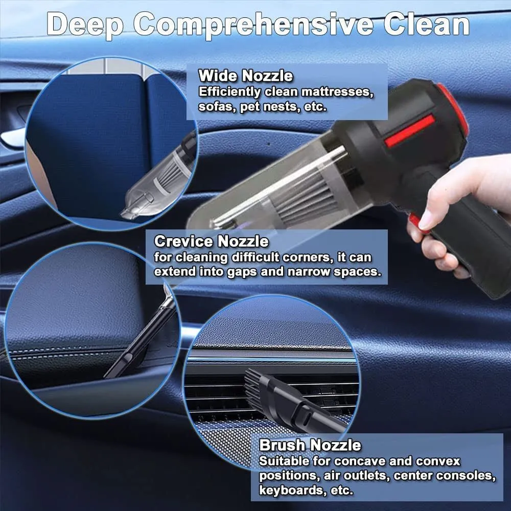 ADPTOYU 3-In-1 Portable Small Cordless Handheld Vacuum Cleaner Rechargeable with 9000PA Powerful Suction for Car/Office/Home, Extension Function to Inflate/Deflate for Swimming Ring/Vacuum Storage Bag