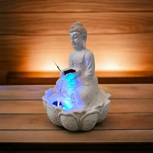 an Enterprise Buddha Fountain Lotus Buddha Water Fountain for Home | Office | Tabletop Water Fountain with Led Lights for Home Decor and Office Decoration Or Gifting (White)