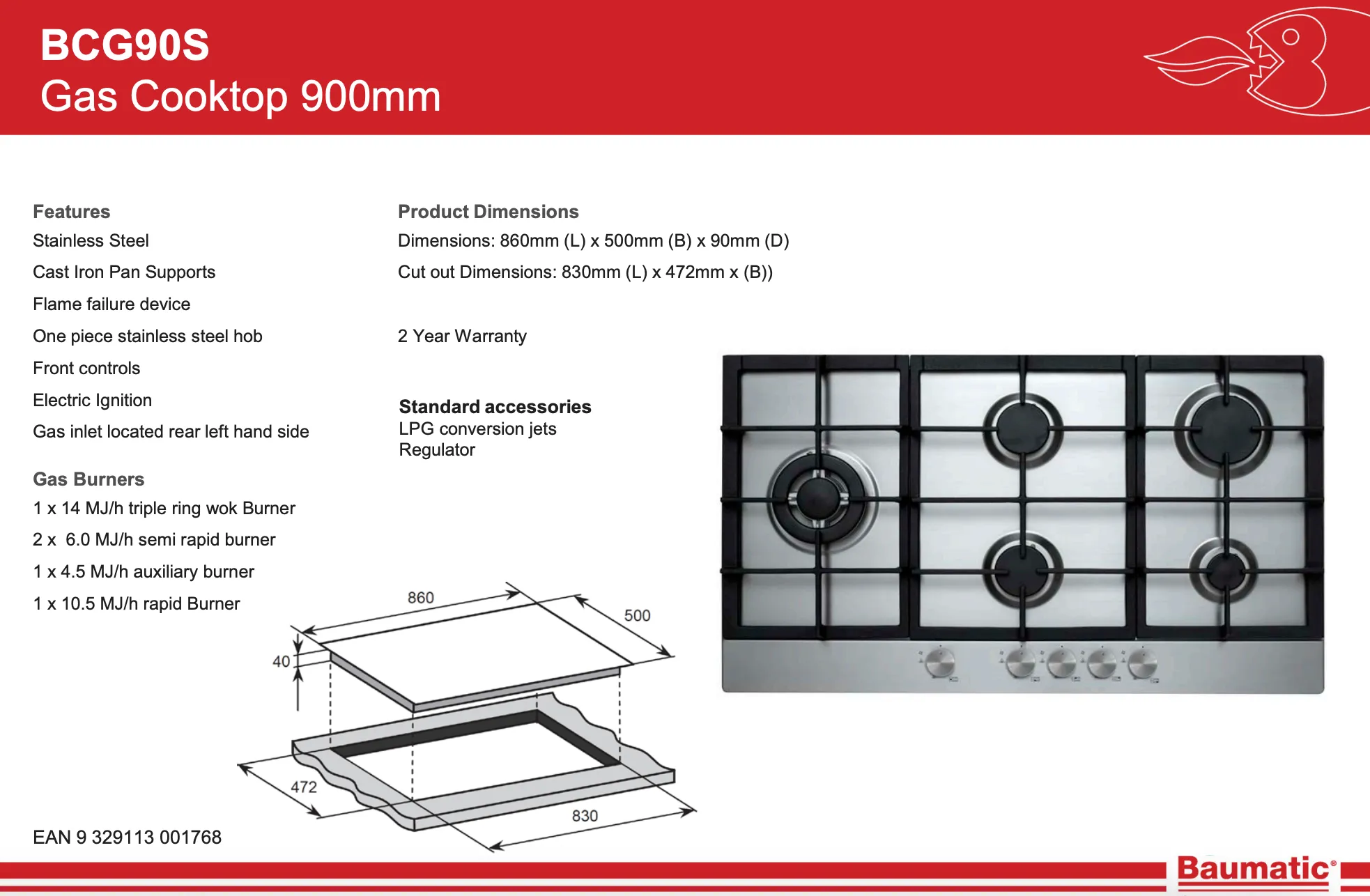 Baumatic BCG90S 90cm Stainless Steel Gas Cooktop