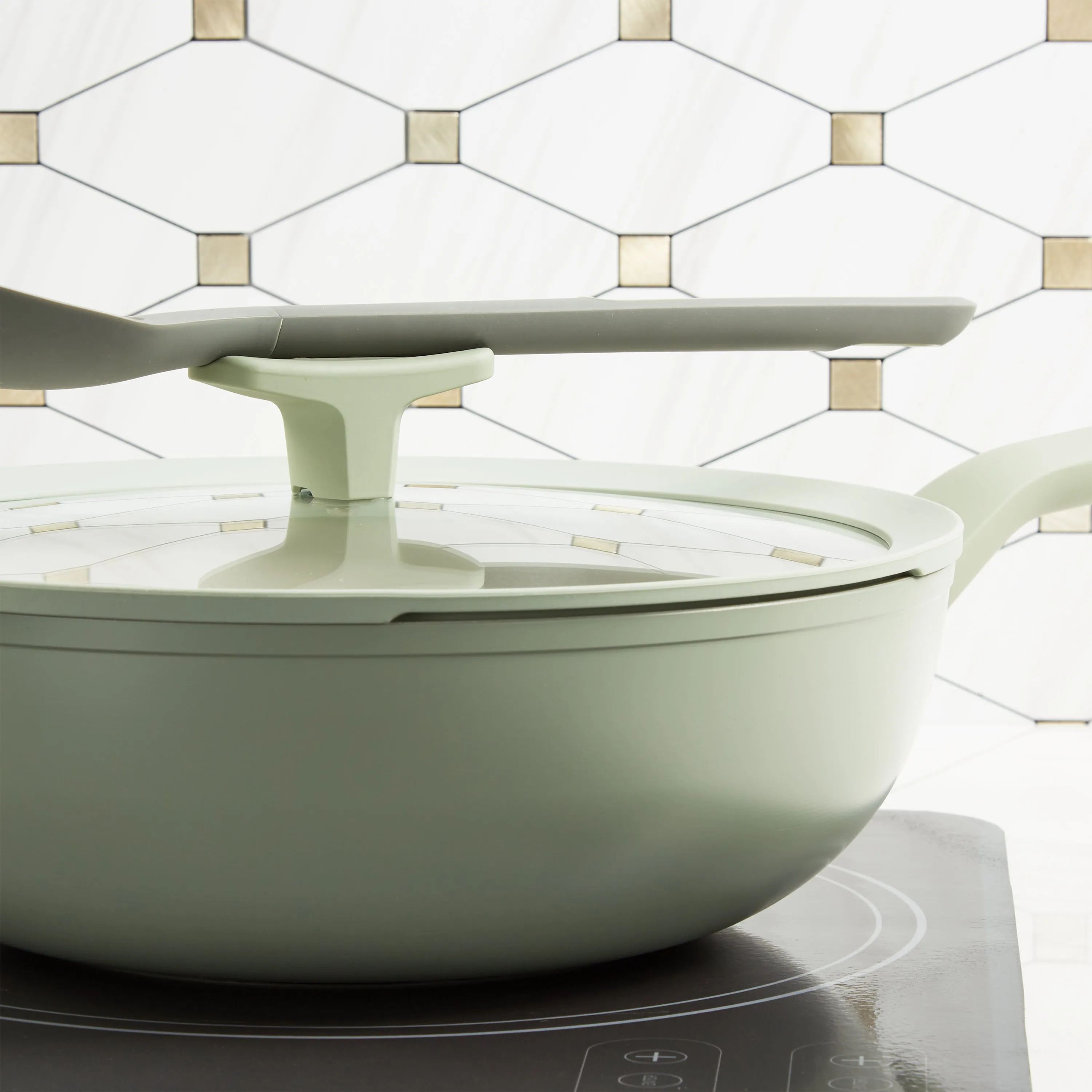 BergHOFF Balance Nonstick Ceramic Wok Pan 11", 4.4qt. With Glass Lid, Recycled Aluminum, Sage