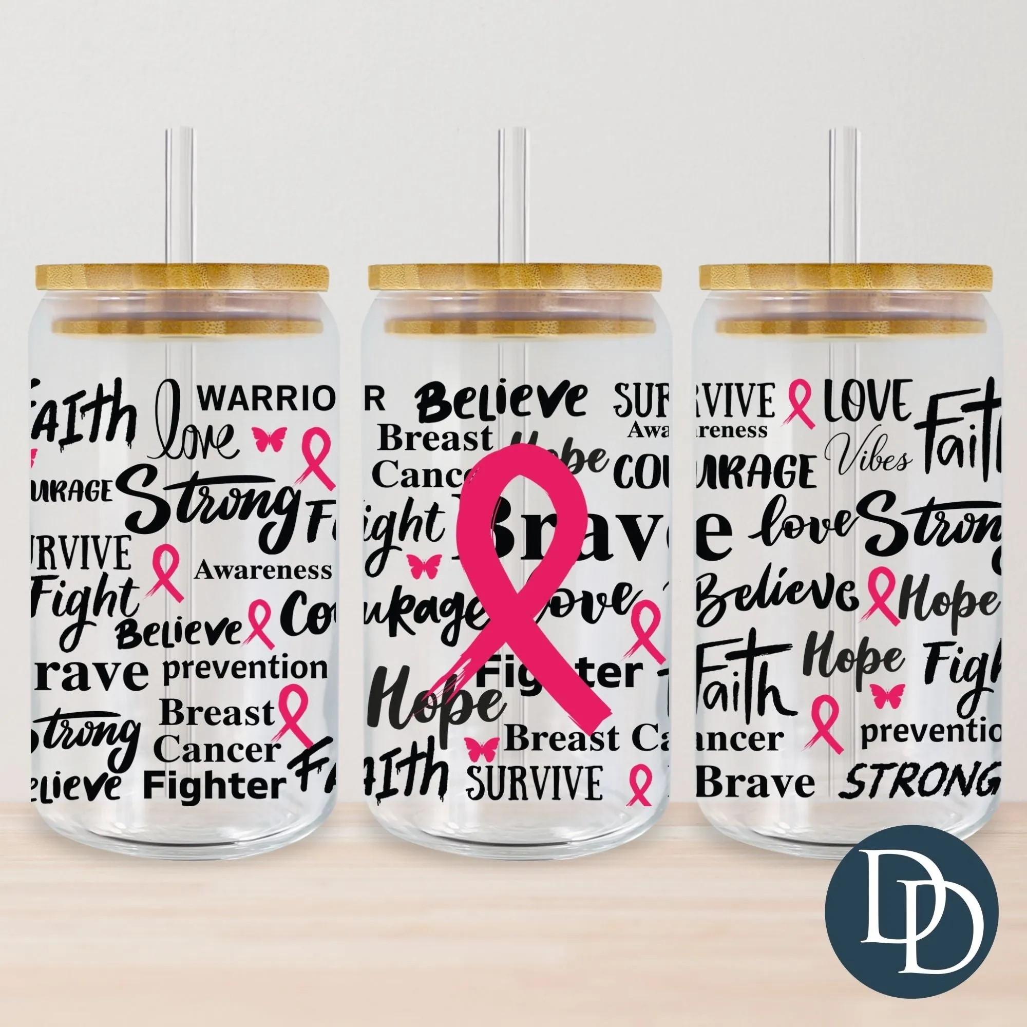 Breast Cancer Ribbon Collage UV DTF Cup Wrap