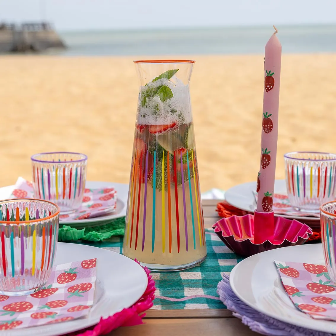 Bright Striped Multi-Coloured Glass Carafe - 25cm