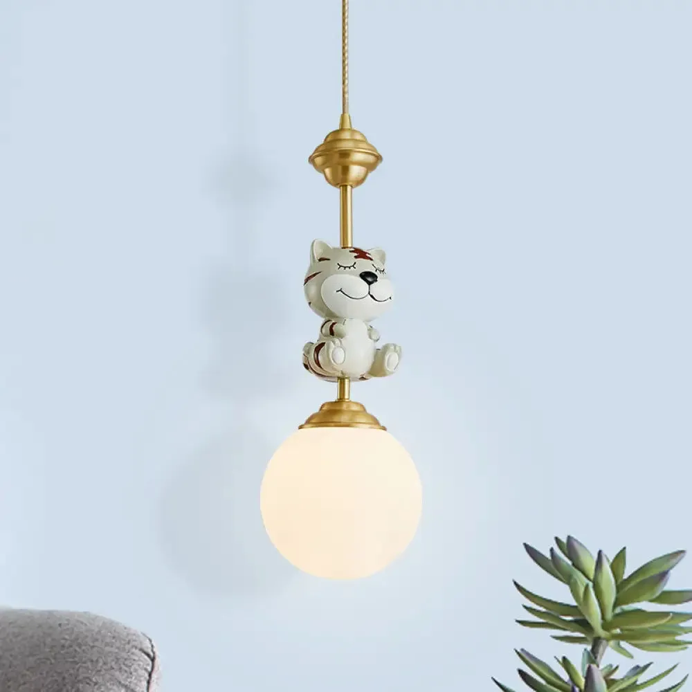 Cartoon Suspension Light: Gold Cow/Tiger Theme, 1 Bulb Resin Ceiling Pendant with White Glass Shade