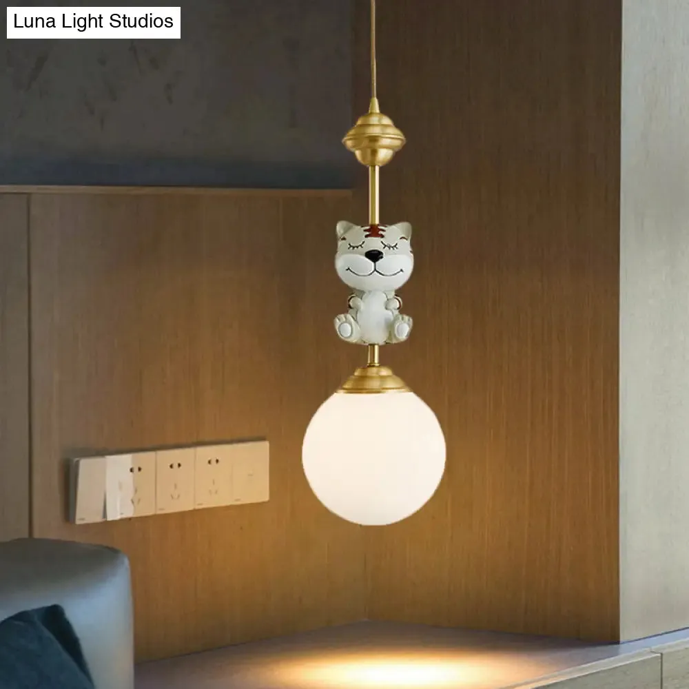 Cartoon Suspension Light: Gold Cow/Tiger Theme, 1 Bulb Resin Ceiling Pendant with White Glass Shade