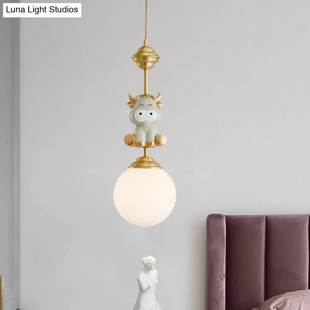 Cartoon Suspension Light: Gold Cow/Tiger Theme, 1 Bulb Resin Ceiling Pendant with White Glass Shade