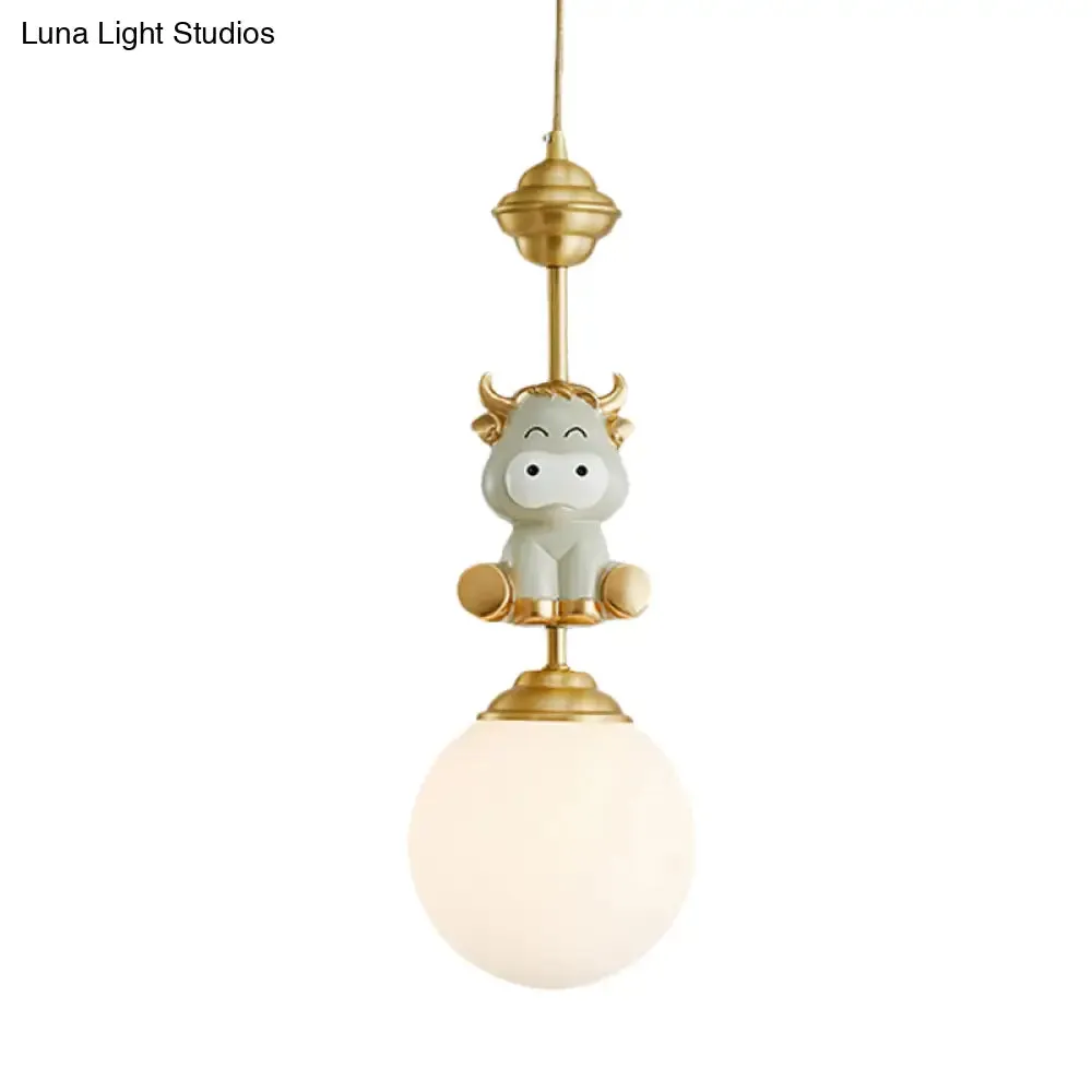 Cartoon Suspension Light: Gold Cow/Tiger Theme, 1 Bulb Resin Ceiling Pendant with White Glass Shade