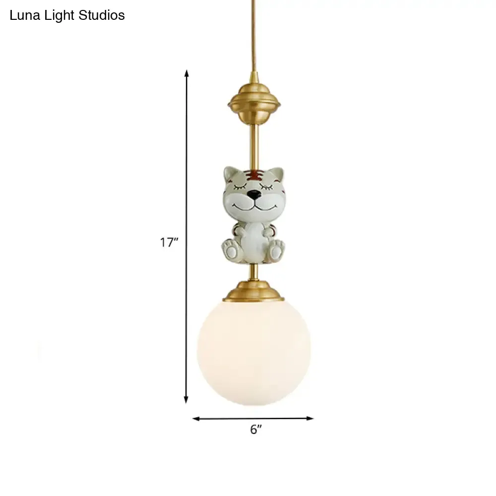 Cartoon Suspension Light: Gold Cow/Tiger Theme, 1 Bulb Resin Ceiling Pendant with White Glass Shade