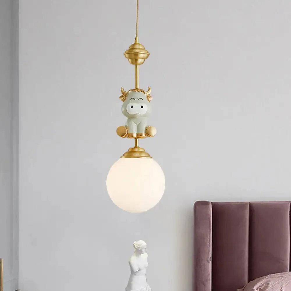 Cartoon Suspension Light: Gold Cow/Tiger Theme, 1 Bulb Resin Ceiling Pendant with White Glass Shade