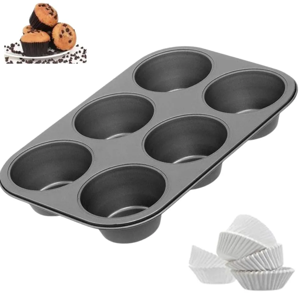 Casa Azul Premium Carbon Steel Muffin Tray - 6 Cups, Non-Stick Baking Pan for Perfectly Baked Cupcakes with 60 Pcs Muffin Liners - Pack of 1 (Black)