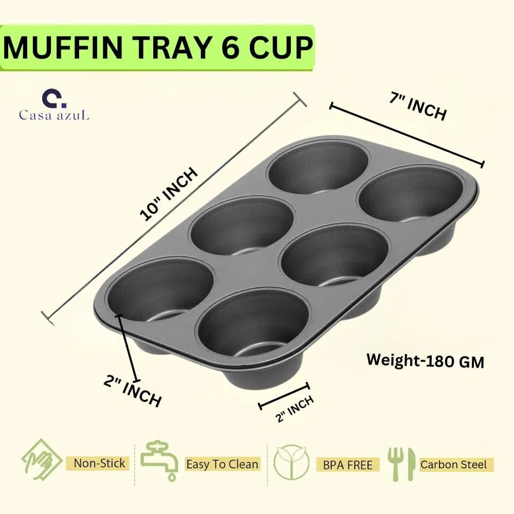 Casa Azul Premium Carbon Steel Muffin Tray - 6 Cups, Non-Stick Baking Pan for Perfectly Baked Cupcakes with 60 Pcs Muffin Liners - Pack of 1 (Black)