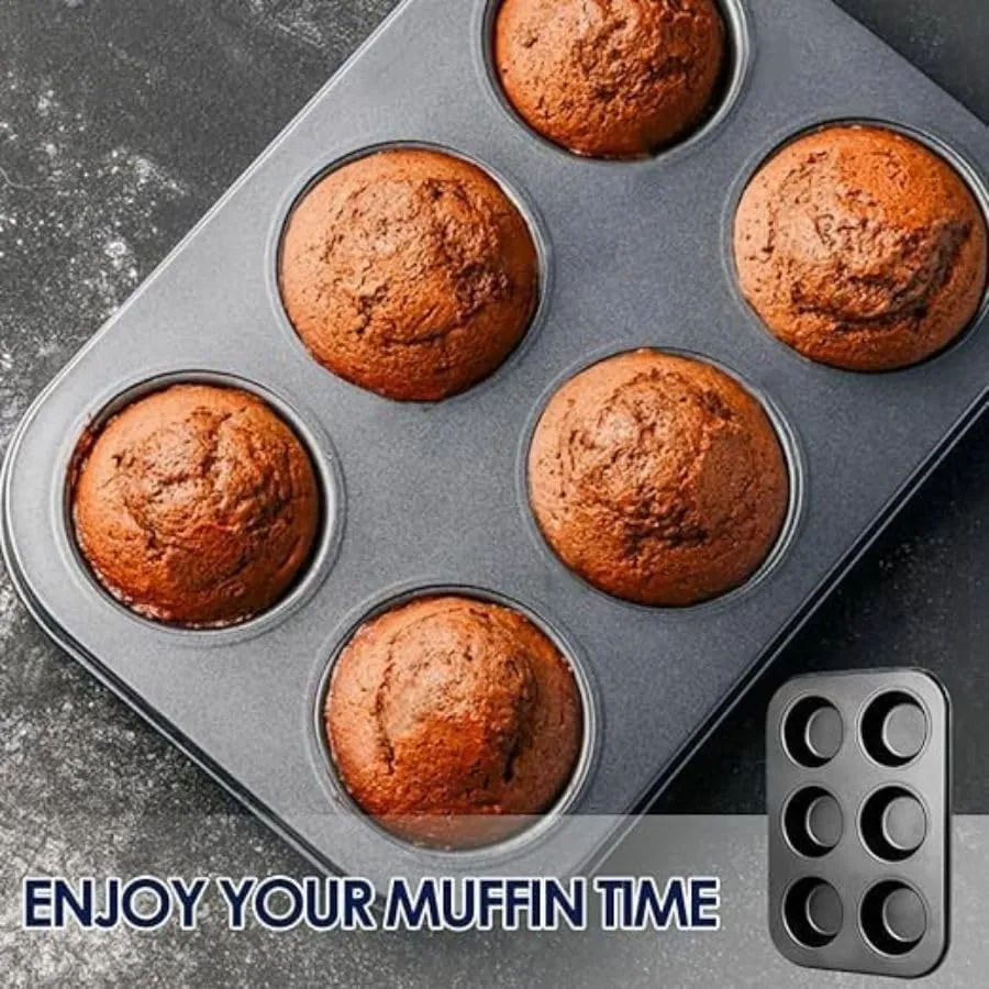 Casa Azul Premium Carbon Steel Muffin Tray - 6 Cups, Non-Stick Baking Pan for Perfectly Baked Cupcakes with 60 Pcs Muffin Liners - Pack of 1 (Black)