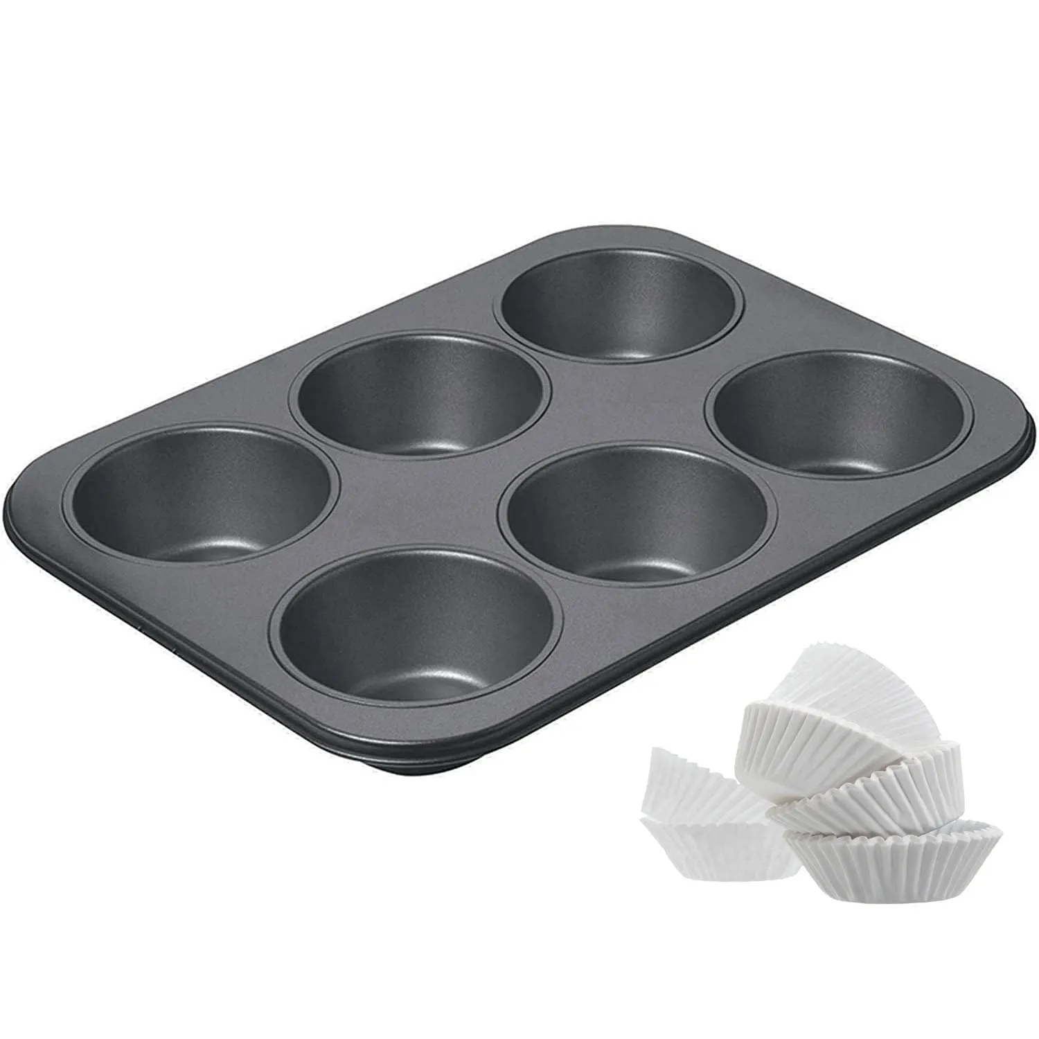 Casa Azul Premium Carbon Steel Muffin Tray - 6 Cups, Non-Stick Baking Pan for Perfectly Baked Cupcakes with 60 Pcs Muffin Liners - Pack of 1 (Black)