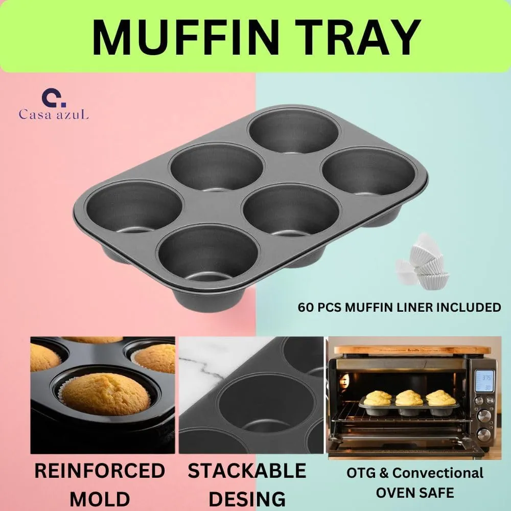 Casa Azul Premium Carbon Steel Muffin Tray - 6 Cups, Non-Stick Baking Pan for Perfectly Baked Cupcakes with 60 Pcs Muffin Liners - Pack of 1 (Black)