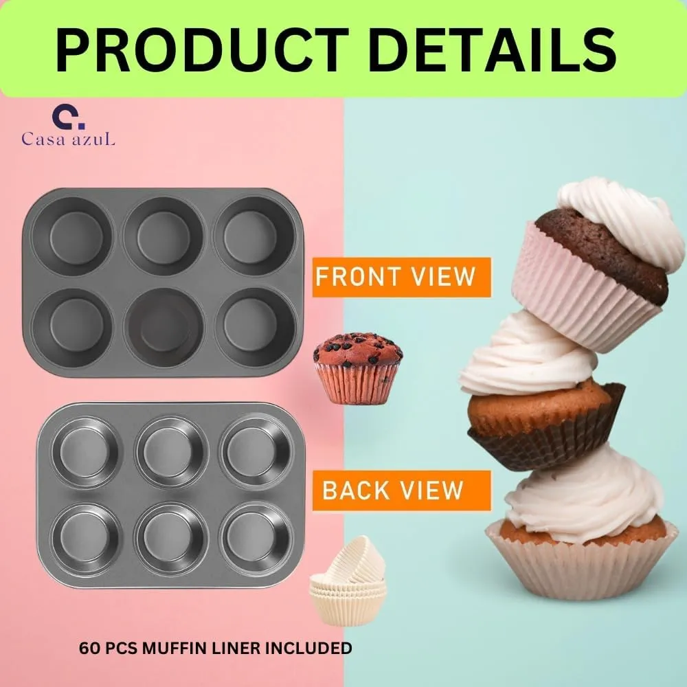 Casa Azul Premium Carbon Steel Muffin Tray - 6 Cups, Non-Stick Baking Pan for Perfectly Baked Cupcakes with 60 Pcs Muffin Liners - Pack of 1 (Black)