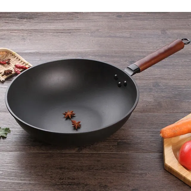 Cast Iron Wok Non-Stick Induction Griddle Pan Beech Handle With lid