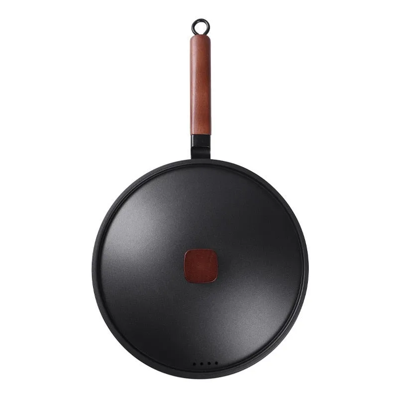 Cast Iron Wok Non-Stick Induction Griddle Pan Beech Handle With lid