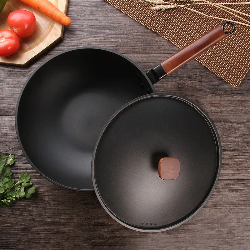 Cast Iron Wok Non-Stick Induction Griddle Pan Beech Handle With lid