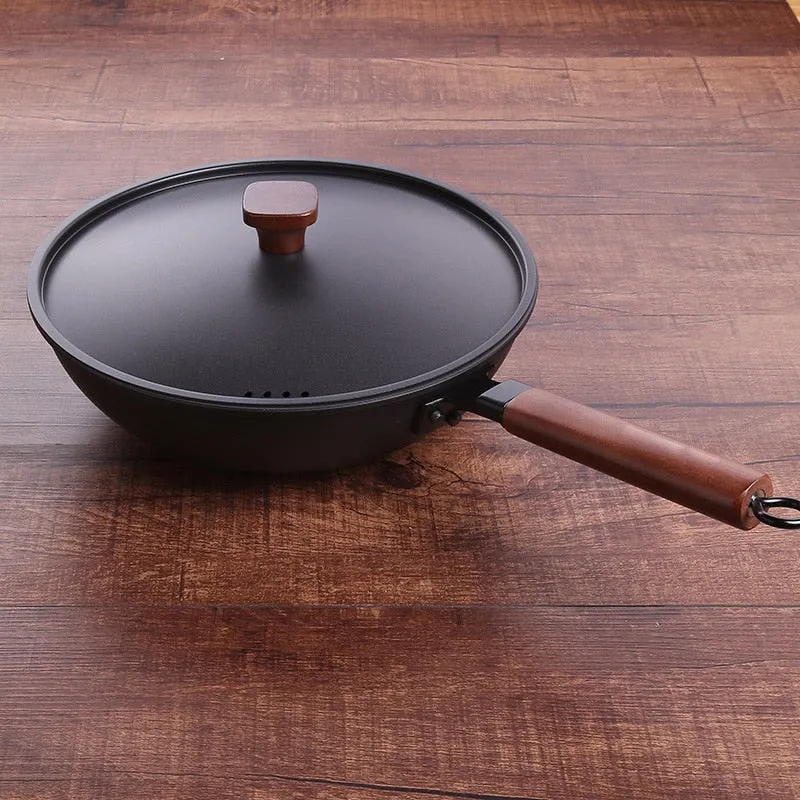 Cast Iron Wok Non-Stick Induction Griddle Pan Beech Handle With lid