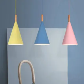 Conical Kindergarten Ceiling Pendant - 1-Light Macaron Hanging Light Fixture in Pink/Yellow/Grey with Wood Grip