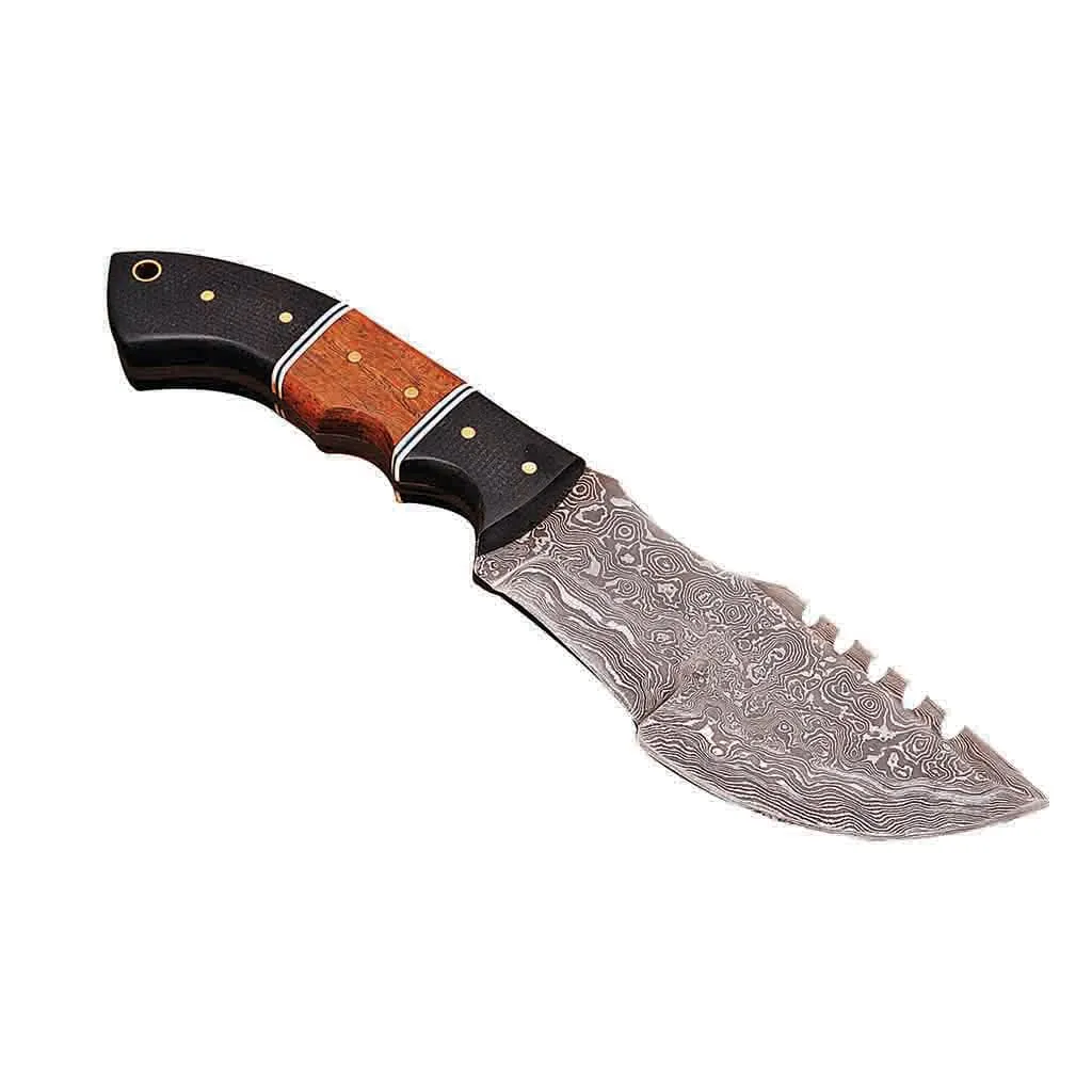 Damascus Tracker Knife with Rosewood Micarta Handle & Leather Sheath