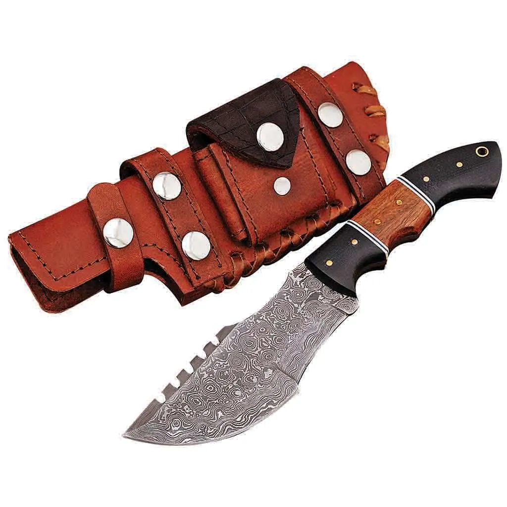 Damascus Tracker Knife with Rosewood Micarta Handle & Leather Sheath