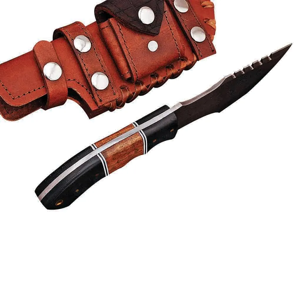 Damascus Tracker Knife with Rosewood Micarta Handle & Leather Sheath