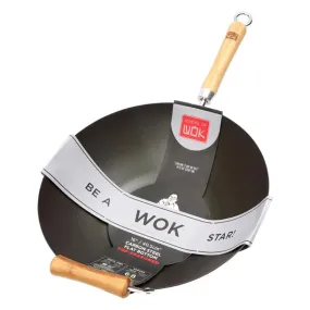 Dexam School of Wok Carbon Steel Flat Base Non-Stick Wok 405mm - HR298