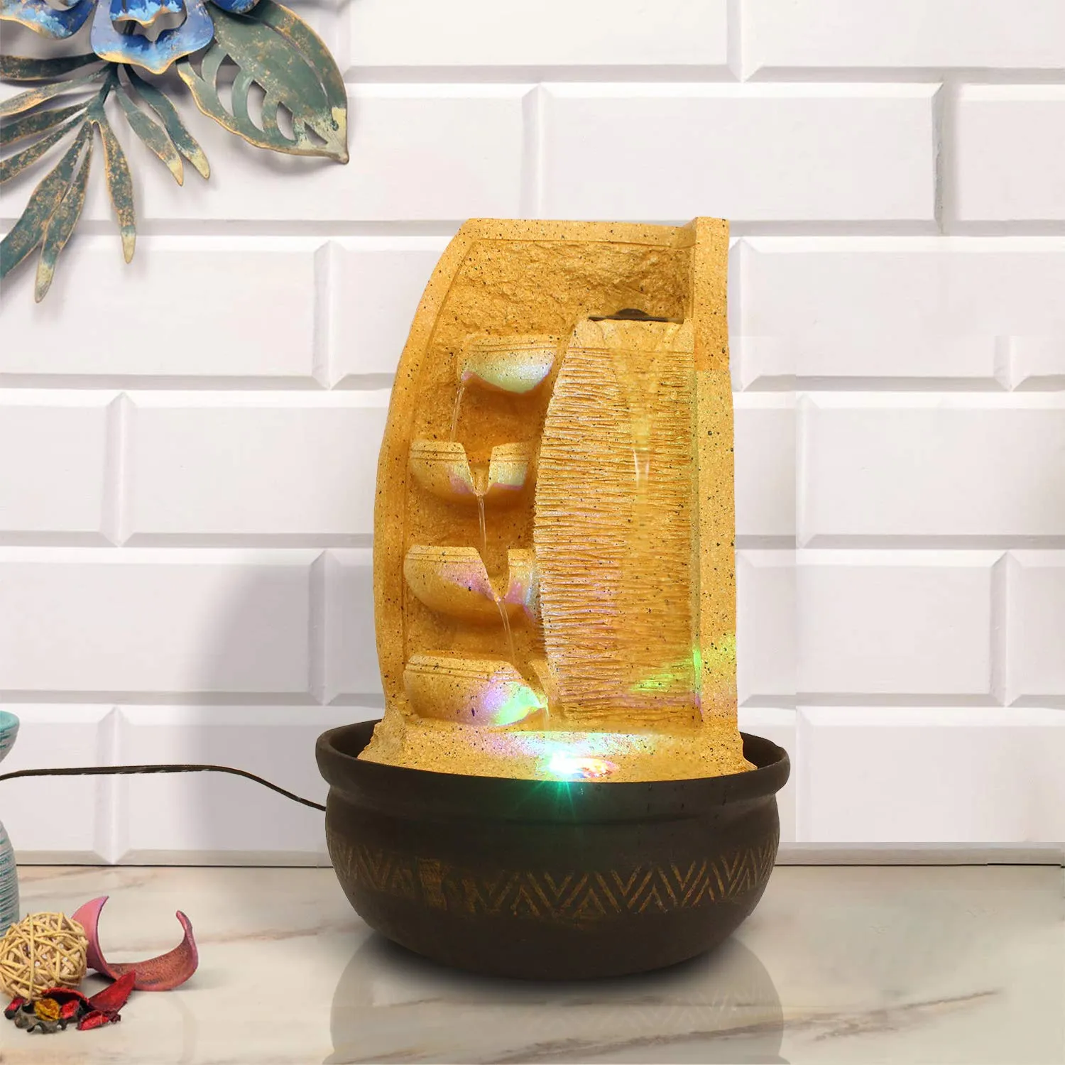 eCraftIndia Light Brown Designer 4 Step Stone Finish Polyresin Water Fountain with Led Lights 16.5 X 10.5 Inch