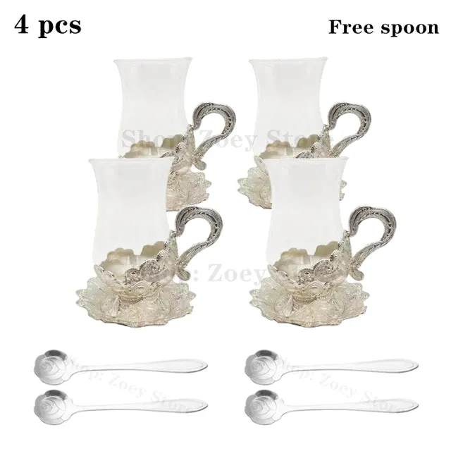 European Exquisite Glass Cups with Gold Saucer ,Spoons and Coffee Pot For Tea or Coffee and Tea