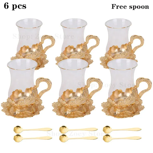 European Exquisite Glass Cups with Gold Saucer ,Spoons and Coffee Pot For Tea or Coffee and Tea