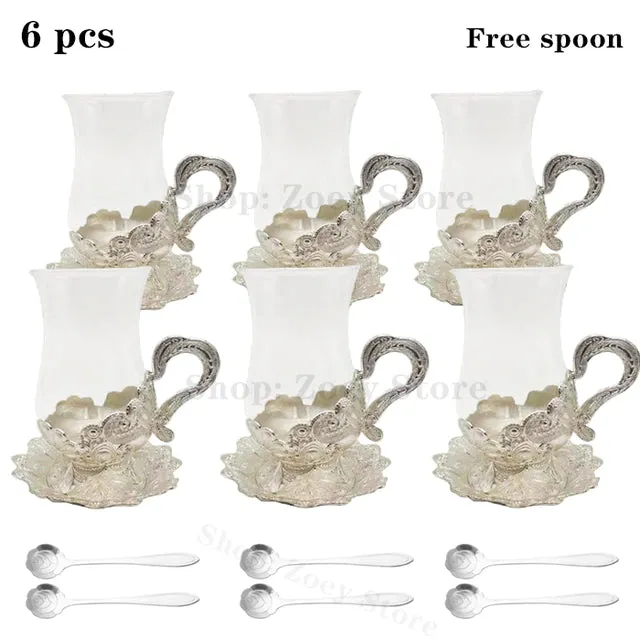 European Exquisite Glass Cups with Gold Saucer ,Spoons and Coffee Pot For Tea or Coffee and Tea