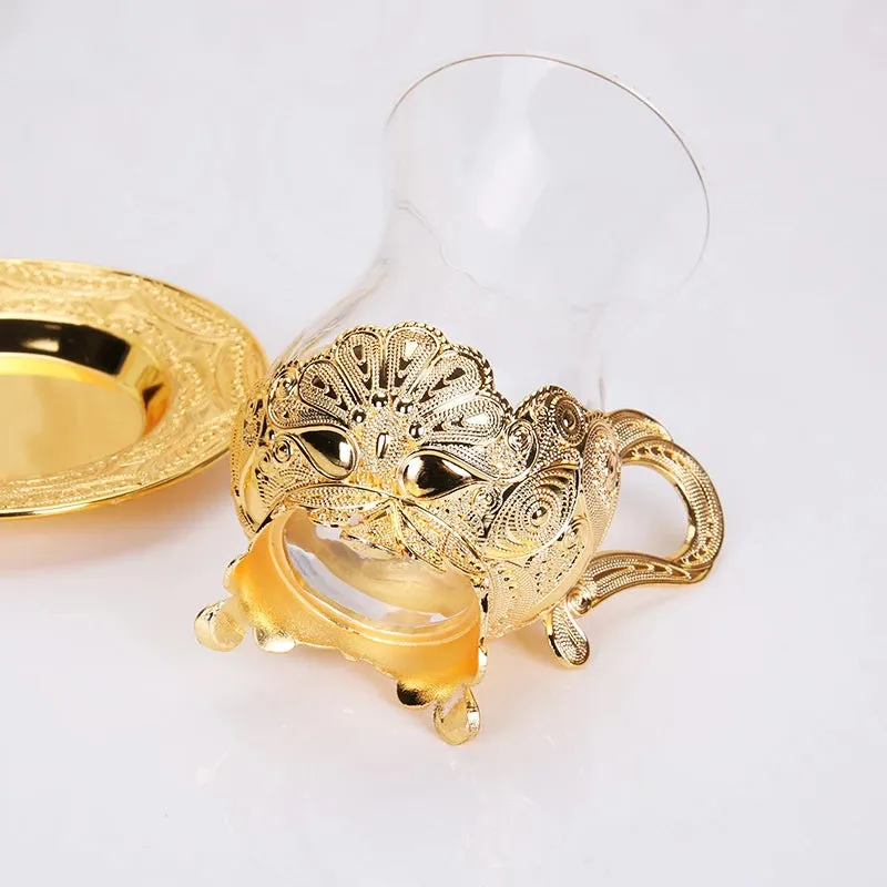 European Exquisite Glass Cups with Gold Saucer ,Spoons and Coffee Pot For Tea or Coffee and Tea