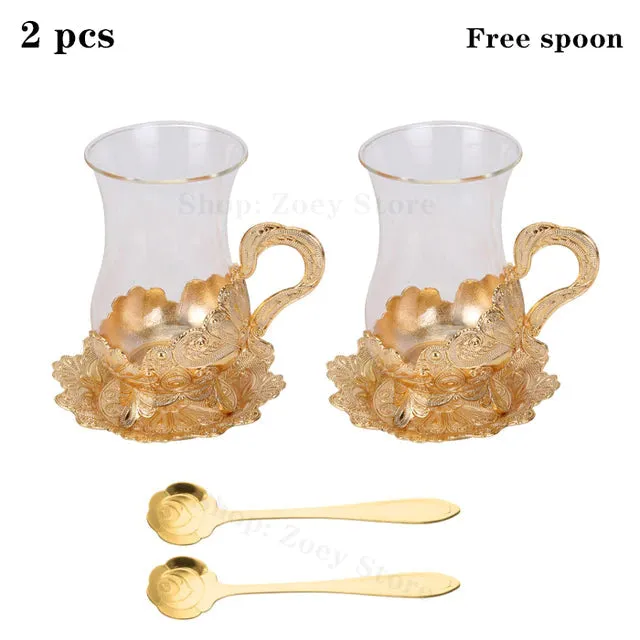 European Exquisite Glass Cups with Gold Saucer ,Spoons and Coffee Pot For Tea or Coffee and Tea