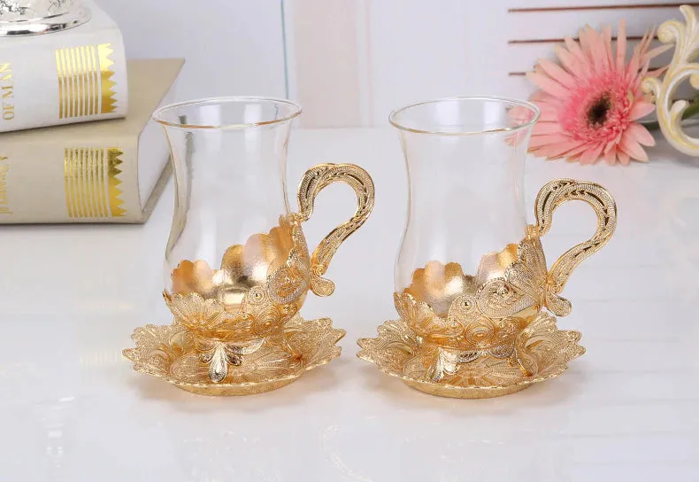 European Exquisite Glass Cups with Gold Saucer ,Spoons and Coffee Pot For Tea or Coffee and Tea