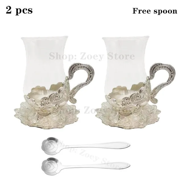 European Exquisite Glass Cups with Gold Saucer ,Spoons and Coffee Pot For Tea or Coffee and Tea