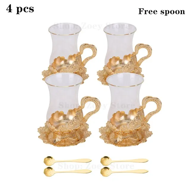 European Exquisite Glass Cups with Gold Saucer ,Spoons and Coffee Pot For Tea or Coffee and Tea