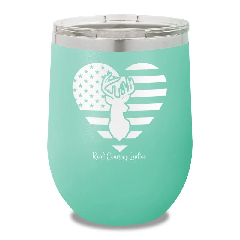 Flag Heart Deer 12oz Stemless Wine Cup