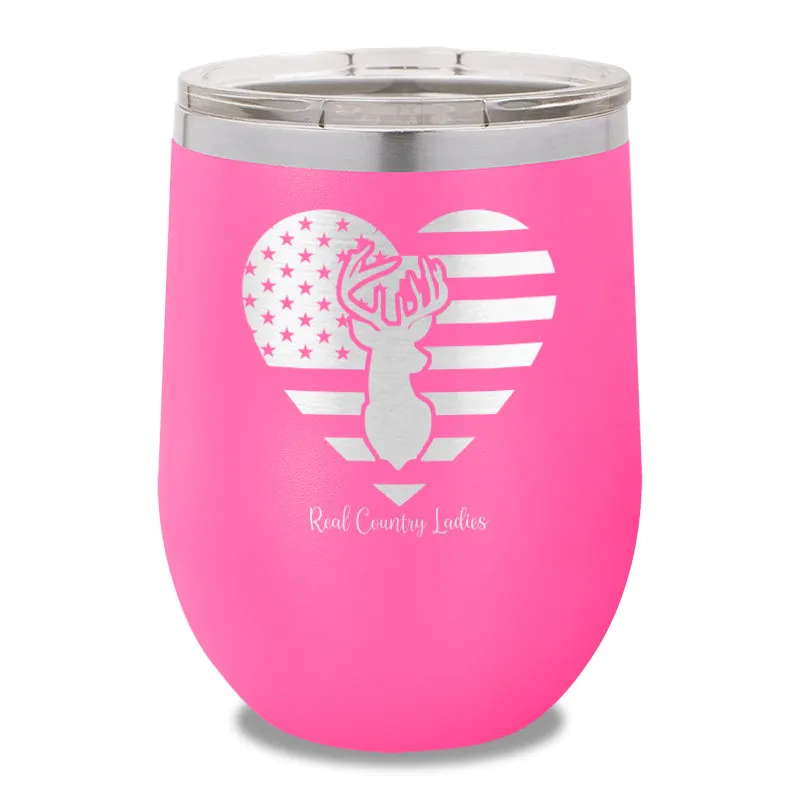 Flag Heart Deer 12oz Stemless Wine Cup