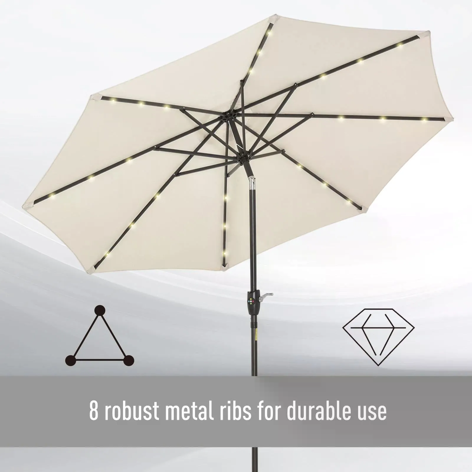 Garden 24 LED Parasol Outdoor Tilt Sun Umbrella Patio Club Party Event Manual Sun Shade w/ Hand Crank Off-white