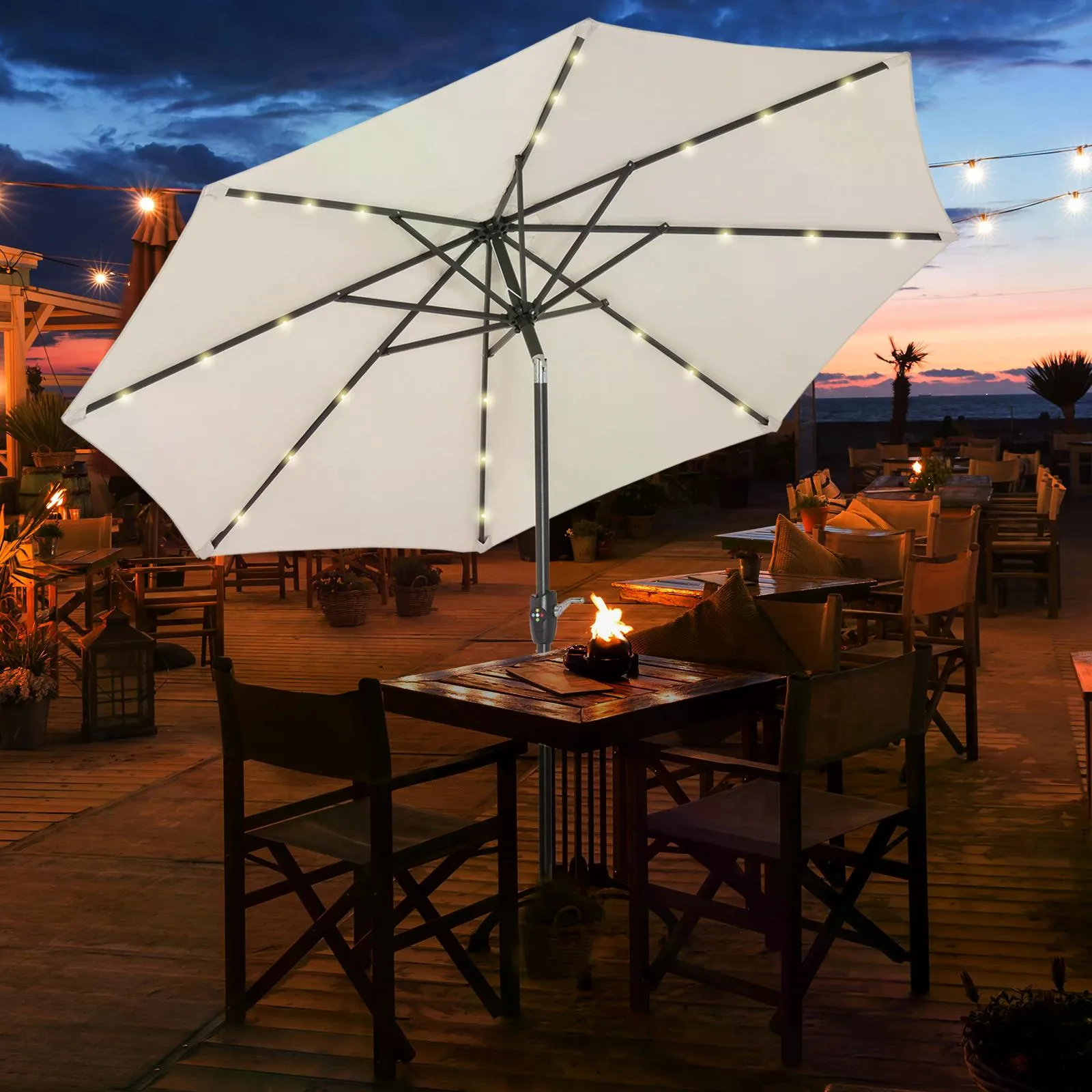 Garden 24 LED Parasol Outdoor Tilt Sun Umbrella Patio Club Party Event Manual Sun Shade w/ Hand Crank Off-white