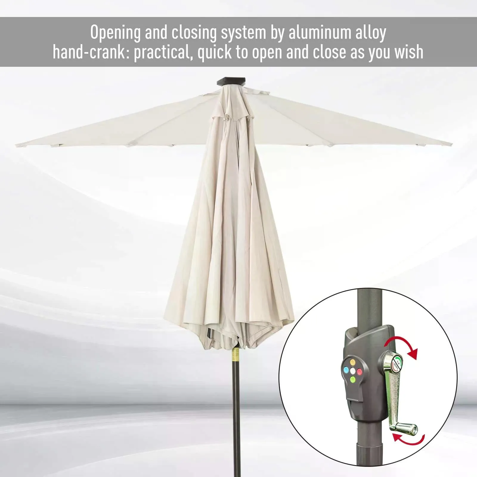 Garden 24 LED Parasol Outdoor Tilt Sun Umbrella Patio Club Party Event Manual Sun Shade w/ Hand Crank Off-white