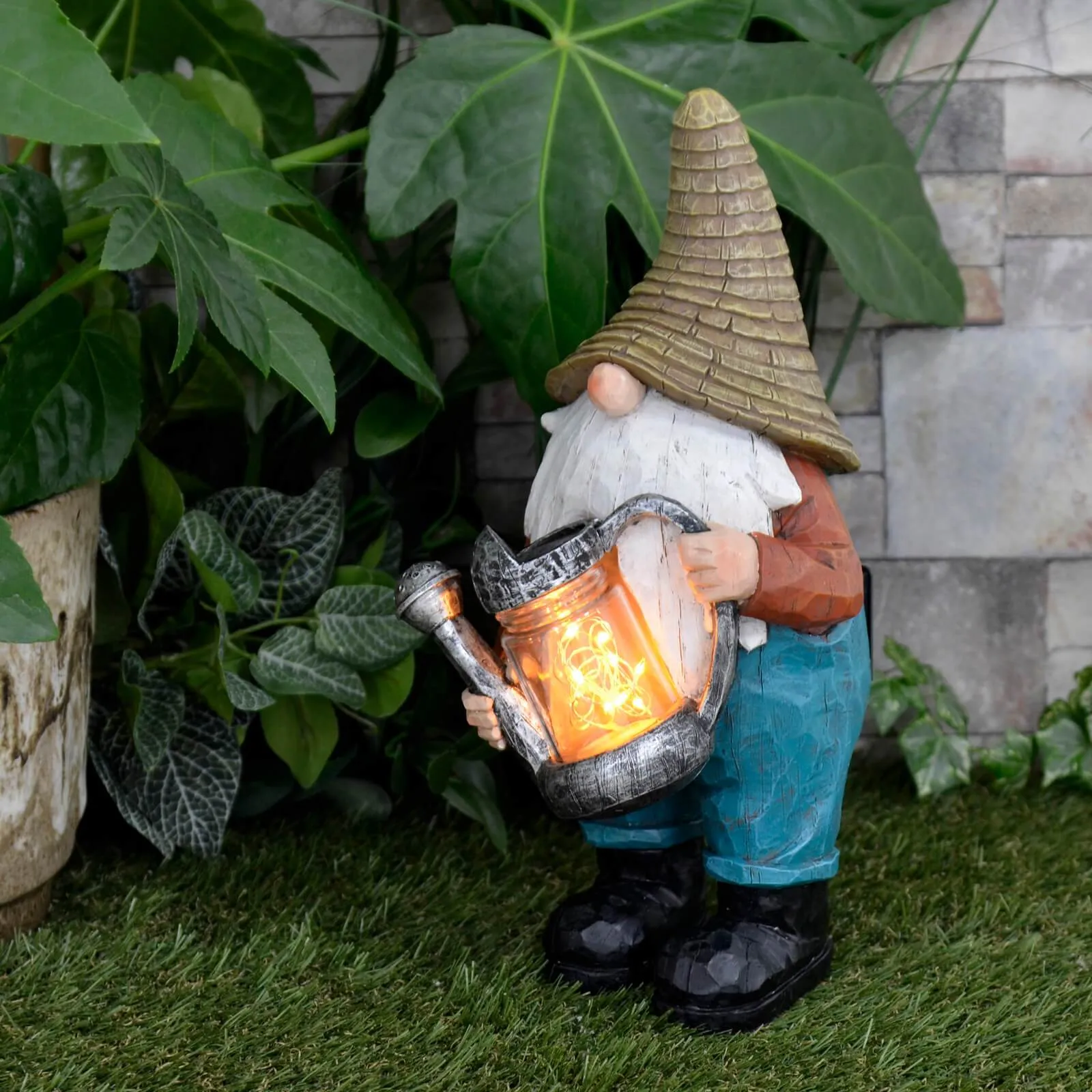 Garden Gnome Solar Decoration Outdoor 8 Yellow LED Lights 30cm