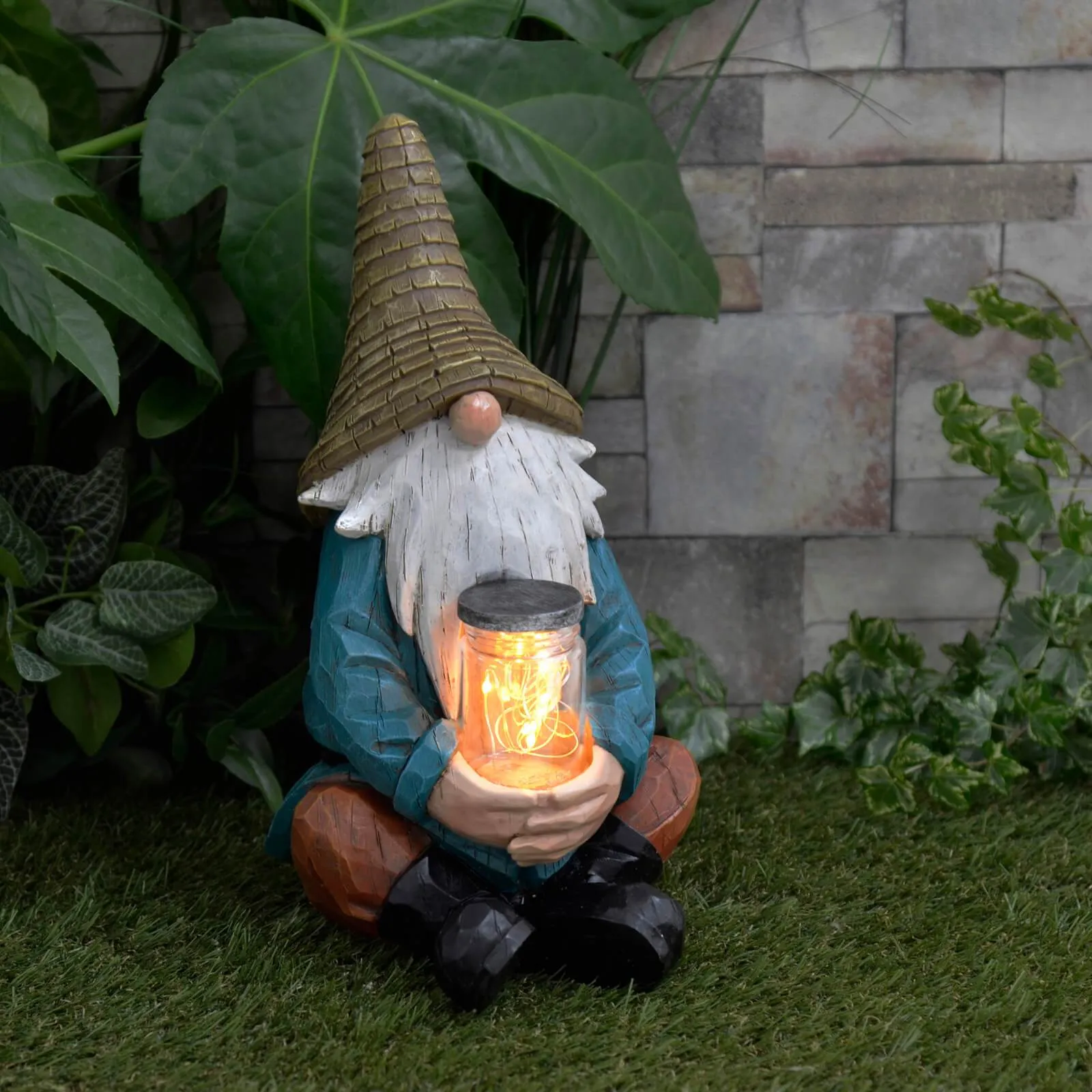 Garden Gnome Solar Decoration Outdoor 8 Yellow LED Lights 30cm