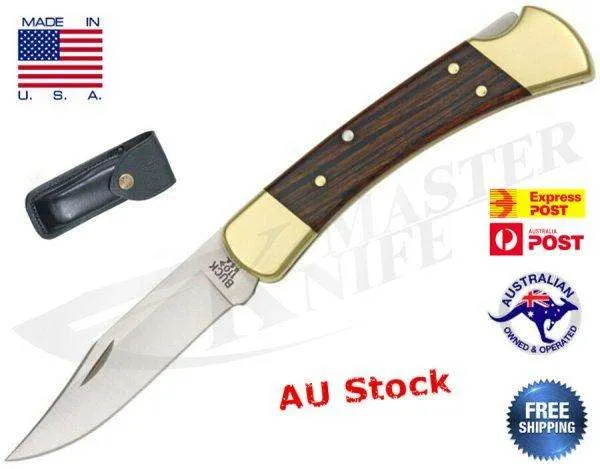 Genuine Buck 110 Folding Hunting Blade, Dymondwood Handle Leather Sheath USA