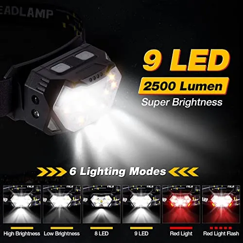 GOANDO 2500 Lumen LED Headlamp - Rechargeable Head Light with Red Light Sensor for Running, Cycling, Camping - Waterproof, 2 Pack