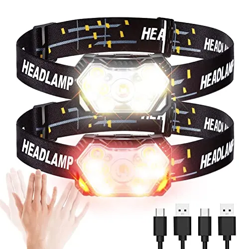 GOANDO 2500 Lumen LED Headlamp - Rechargeable Head Light with Red Light Sensor for Running, Cycling, Camping - Waterproof, 2 Pack