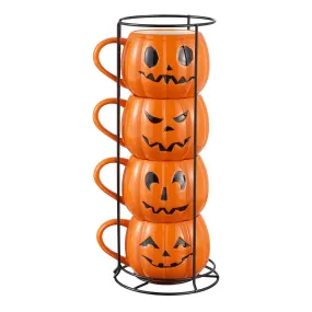 Halloween 13-Ounce Orange Pumpkin Stoneware Stackable Mug Set with Iron Rack, by